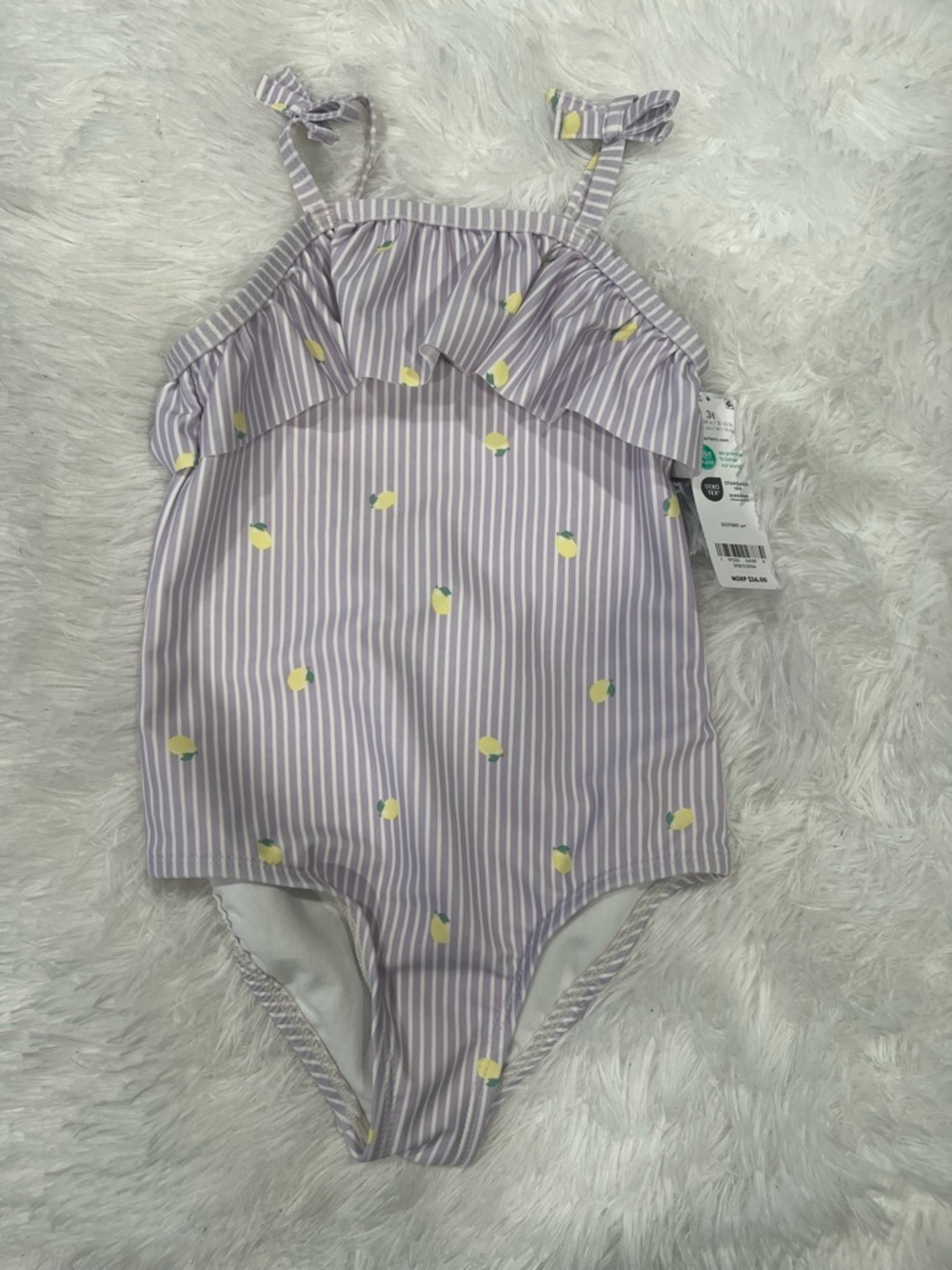 Girls Lemon Print Lavender Stripe Ruffle One-Piece Swimsuit